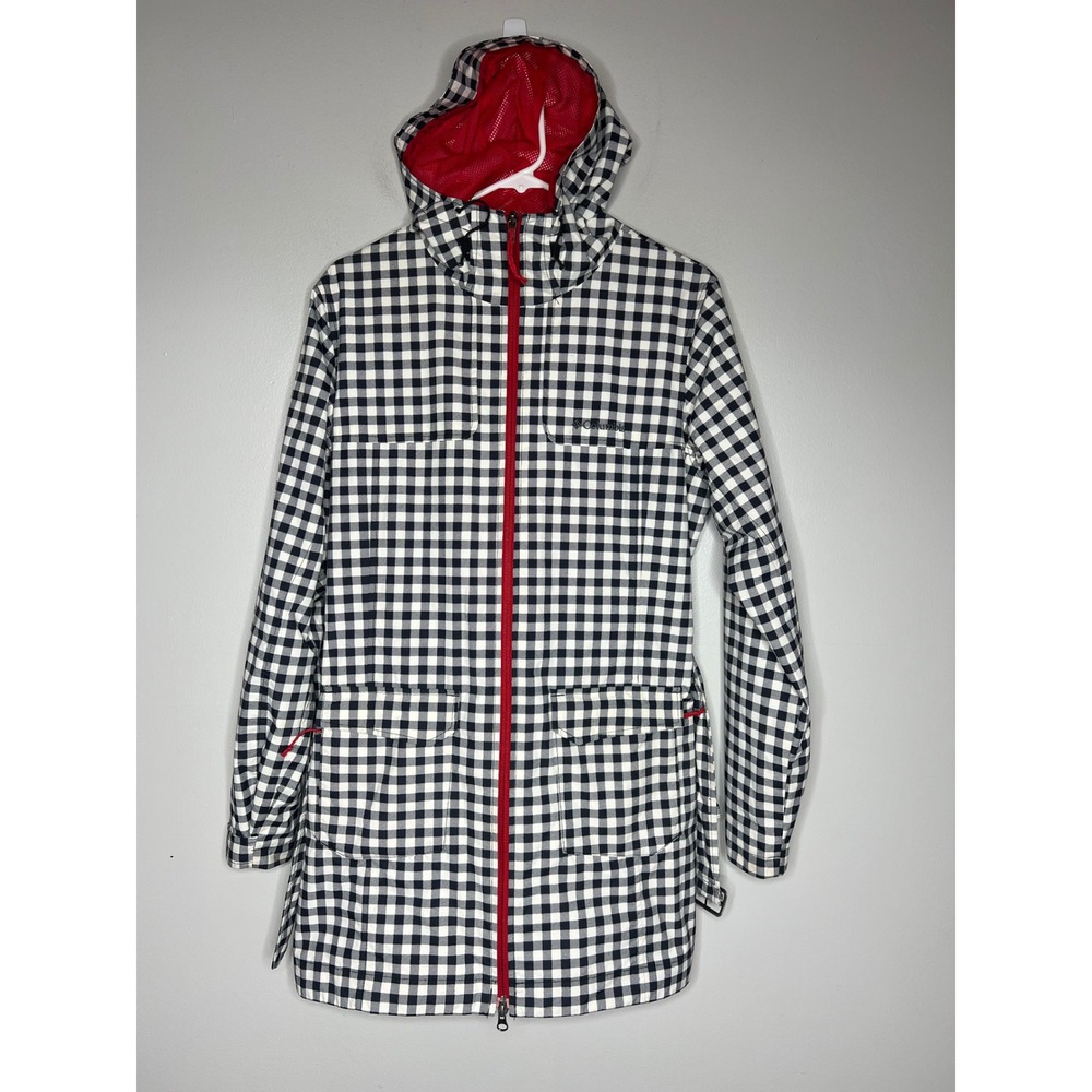 Columbia Gingham Raincoat Women's L Black White Check Belted Hooded Rain Jacket